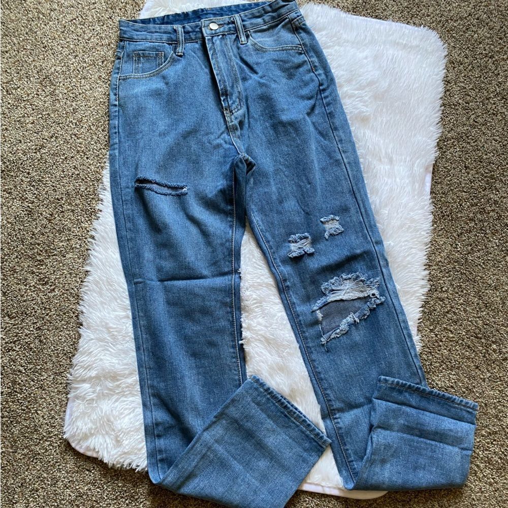 SHEIN Distressed Hi Rise Baggy Jeans Long Size Small‎